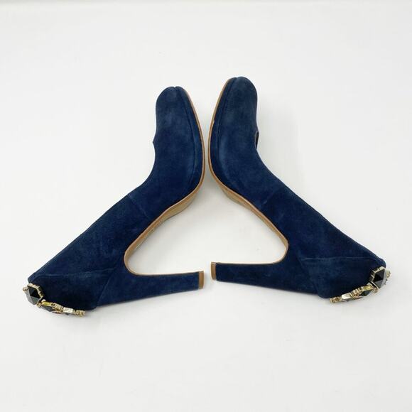 Anthro Miss Albright Navy Blue Suede Almond Toe Pumps Size 8.5 Rhinestone Accent - Picture 6 of 9